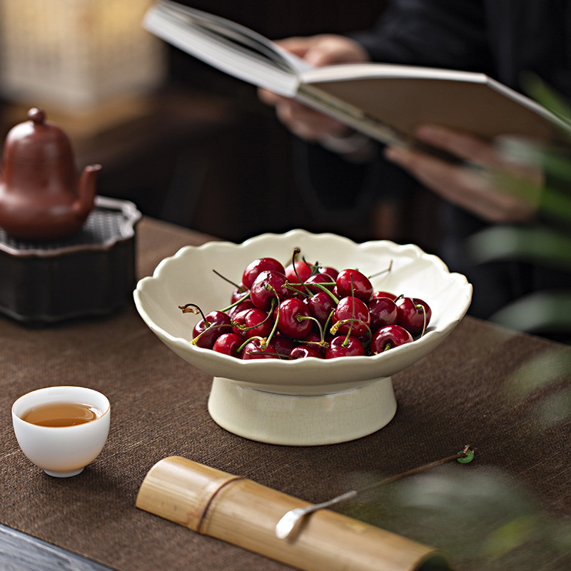 Đĩa trái cây cao bằng gốm Ge Kiln cho phòng khách gia đình, Đĩa trái cây sang trọng nhẹ nhàng cao cấp, Đĩa ăn nhẹ tráng miệng, Đĩa cúng, Đĩa trái cây.