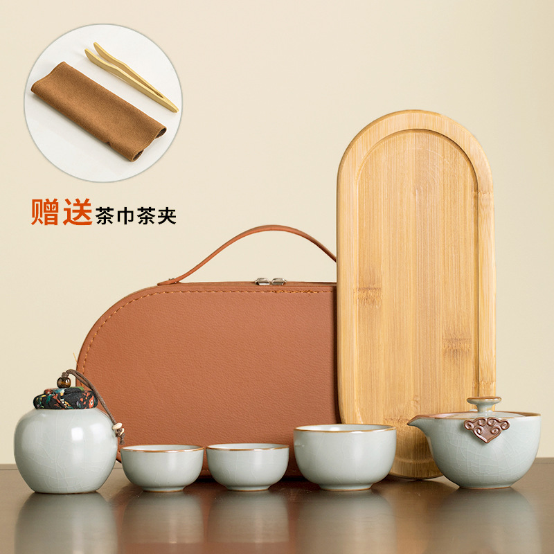 Bộ dụng cụ pha trà di động du lịch ngoài trời, gồm một ấm ba chén và khay trà khô, có thể dùng làm mẫu mở lò nung Ru.