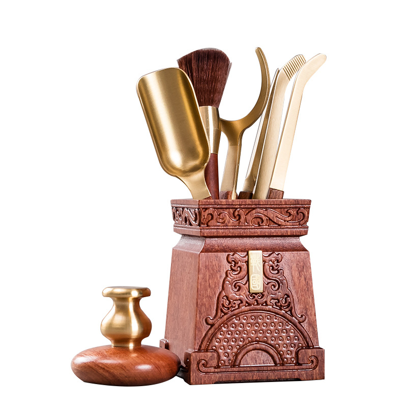 Phụ kiện Bộ trà gỗ rắn đồng thau sáu quý ông Bộ dụng cụ lót tách trà gỗ Mun trà đạo 6 quý ông Phụ kiện trà