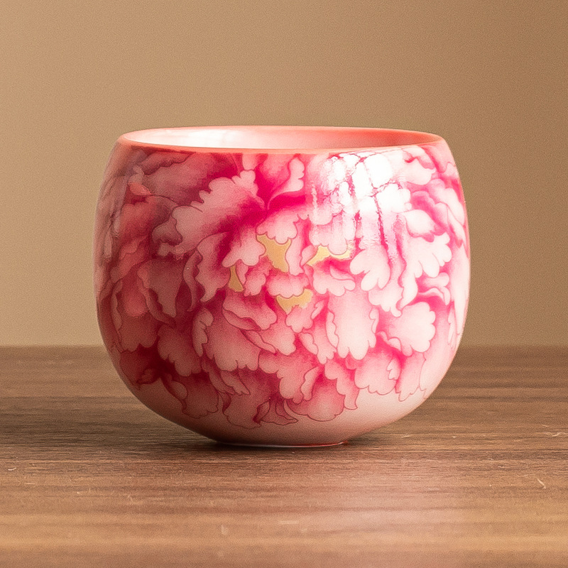 Cốc chủ nhân màu hồng, màu đỏ quốc gia, hoa mẫu đơn, bộ trà gốm sứ gia dụng, tách trà, tách trà, tách đơn