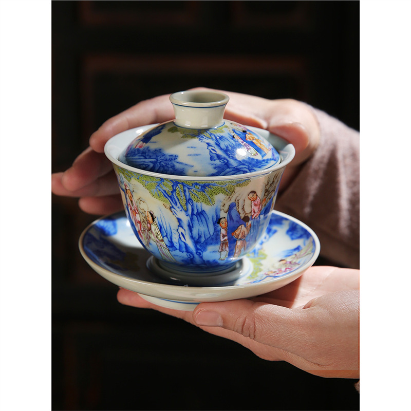Cốc trà tam tài tráng men cổ bát trà gốm sứ yến tiệc đêm đào mận thủ công bát trà Kung Fu bộ trà bát trà lưu niệm