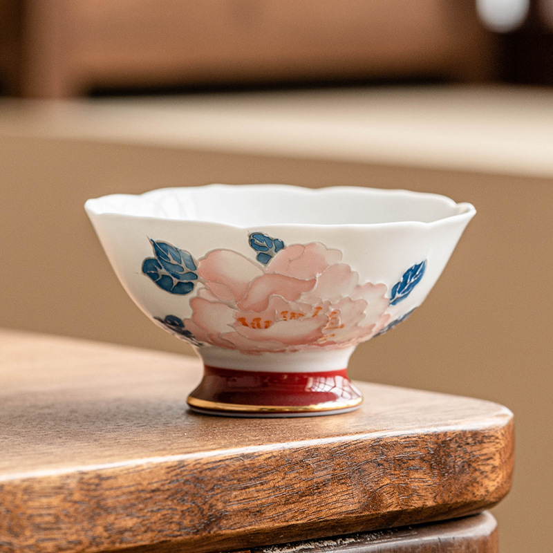 Cốc miệng hoa mẫu đơn vẽ tay cốc trà gốm sứ gia dụng cốc chủ nhân cốc trà Kung Fu cốc trà hộp quà