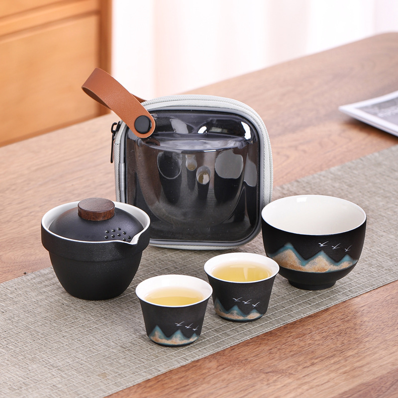 Bộ ấm trà du lịch vẽ tay Yuanshan cốc khách nhanh bằng gốm một ấm ba cốc máy pha trà ngoài trời cầm tay quà tặng
