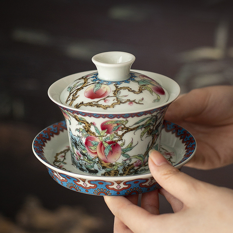 Gốm sứ Jingdezhen bùn cổ Shoutao móng ngựa ba cái bát có nắp đơn có thể lơ lửng bát pha trà gia dụng chống bỏng tay