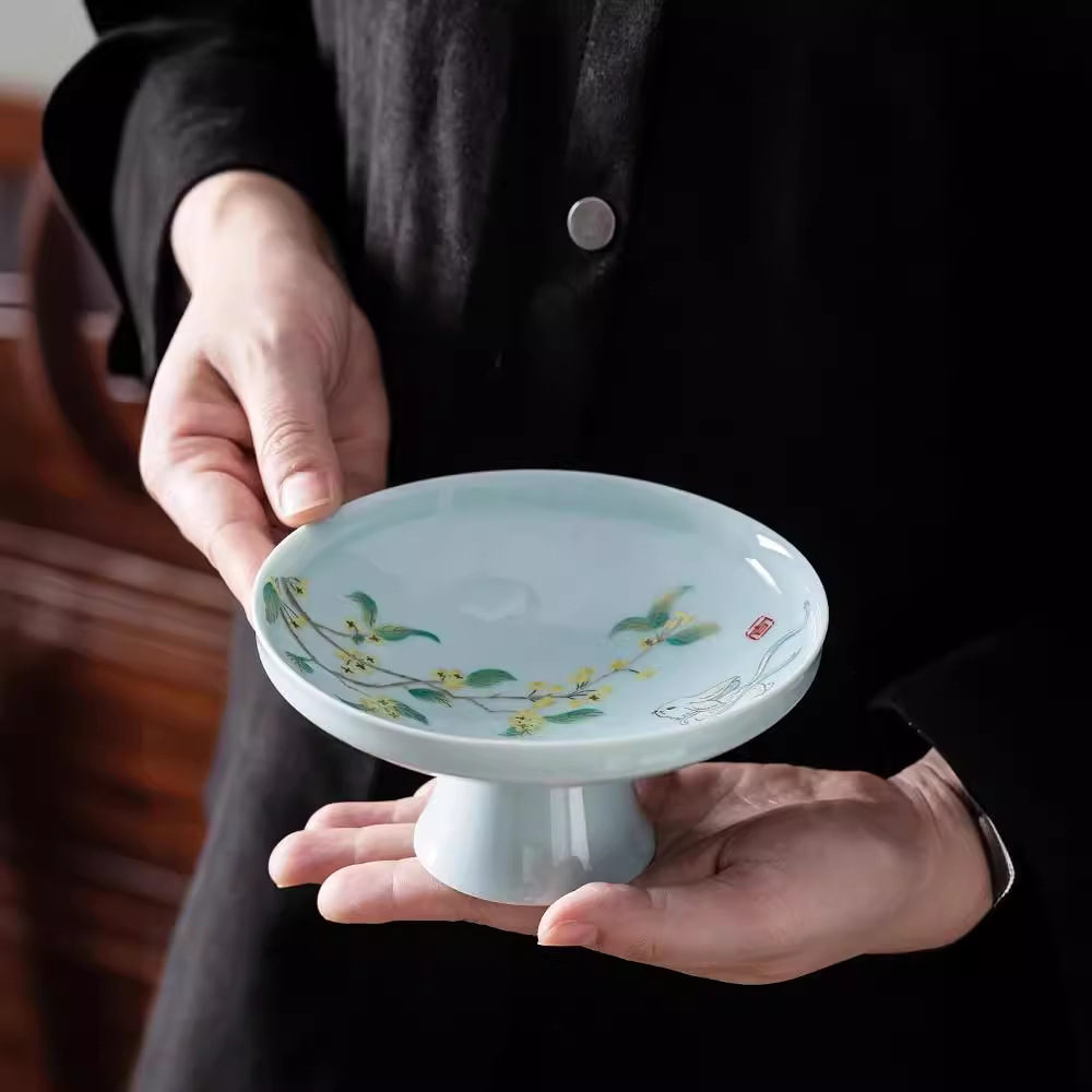 Đĩa cao chân gốm sứ kiểu Trung Quốc, đĩa giải khát chân cao cổ điển, đĩa chấm bi gia dụng, đĩa phục vụ hoa quả gia dụng, Đĩa hoa quả khô quanh bếp