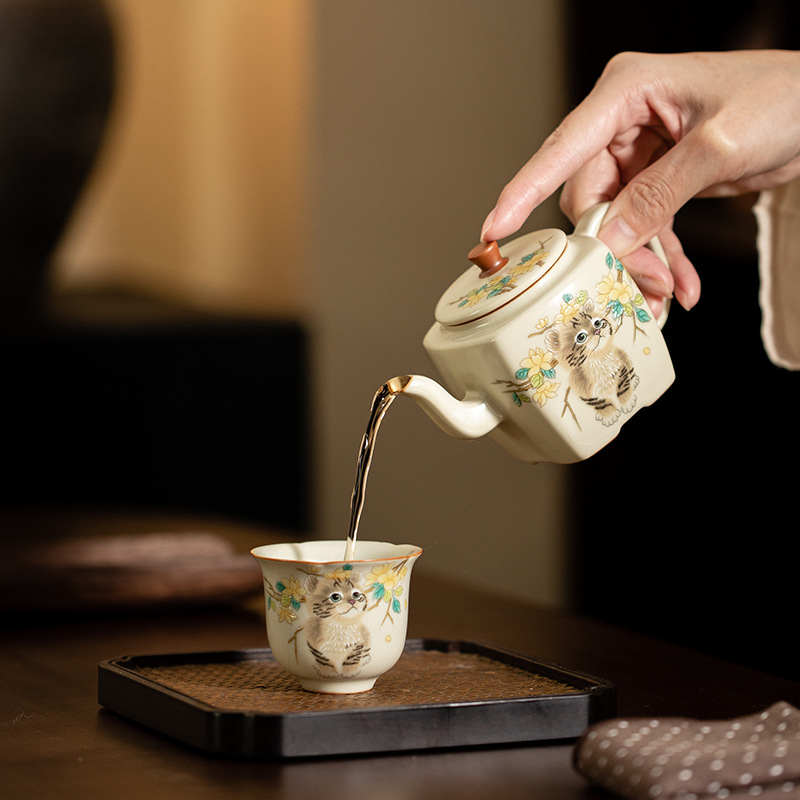 Cốc miệng hoa lò Hoàng Ru giả đời Tống, cốc trà gốm sứ, cốc chủ nhân mèo dễ thương, cốc uống trà gia dụng, cốc đơn, mở, có thể nâng