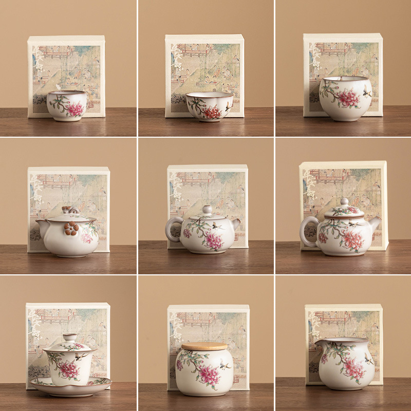 Bộ ấm chén trà Ruyao Kung Fu, thạch mỡ heo, hoa mẫu đơn, bát sứ Ru có nắp, tách trà, ấm trà, tách trà, đế lót ly, hộp đựng trà