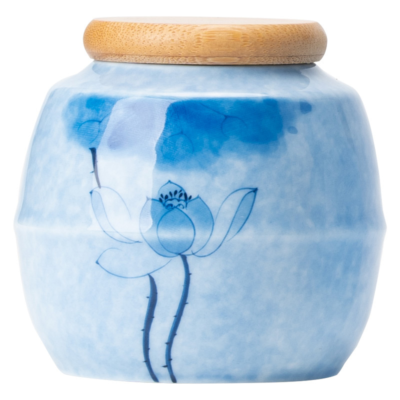 Bình Trà Hoa Sen Xanh vẽ tay, bình gốm sứ chống ẩm gia dụng, Bình đựng trà cao cấp cầm tay cỡ nhỏ