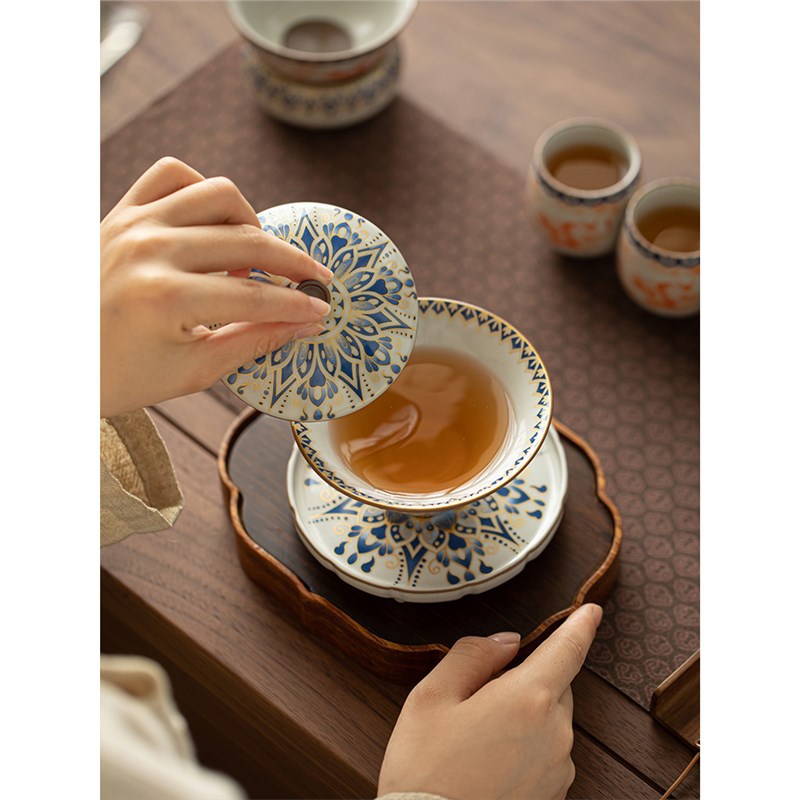 Bộ đồ trà cốc trà Kung Fu dung tích lớn cốc trà Ru Kiln Đôn Hoàng có nắp đậy