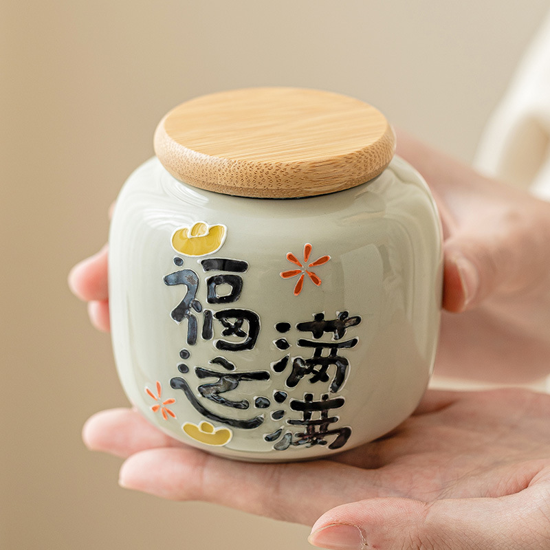 Chậu trà đầy may mắn chạm khắc vẽ tay, bình trà gốm sứ nhỏ, bình rỗng, bình chống ẩm kín gia dụng, bình bảo quản