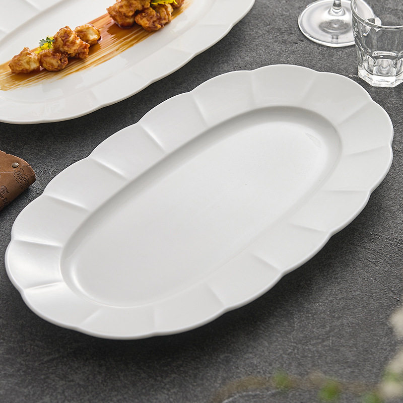 Đĩa gốm cao cấp cảm giác ẩm thực gia dụng đĩa ăn sáng tạo bộ đồ ăn khách sạn đĩa hình bầu dục cỡ lớn đĩa đựng cá viền hoa