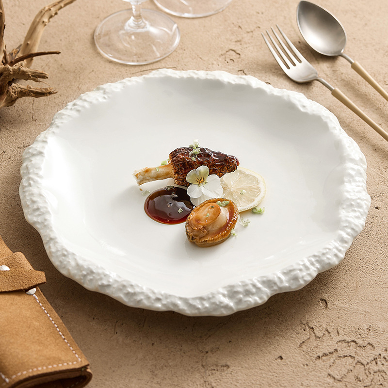 Đồ ăn phương Tây gốm sứ lò nung đĩa bít tết đĩa gia dụng đĩa đồ ăn khách sạn sáng tạo đĩa tròn họa tiết đá đĩa nông viền váy
