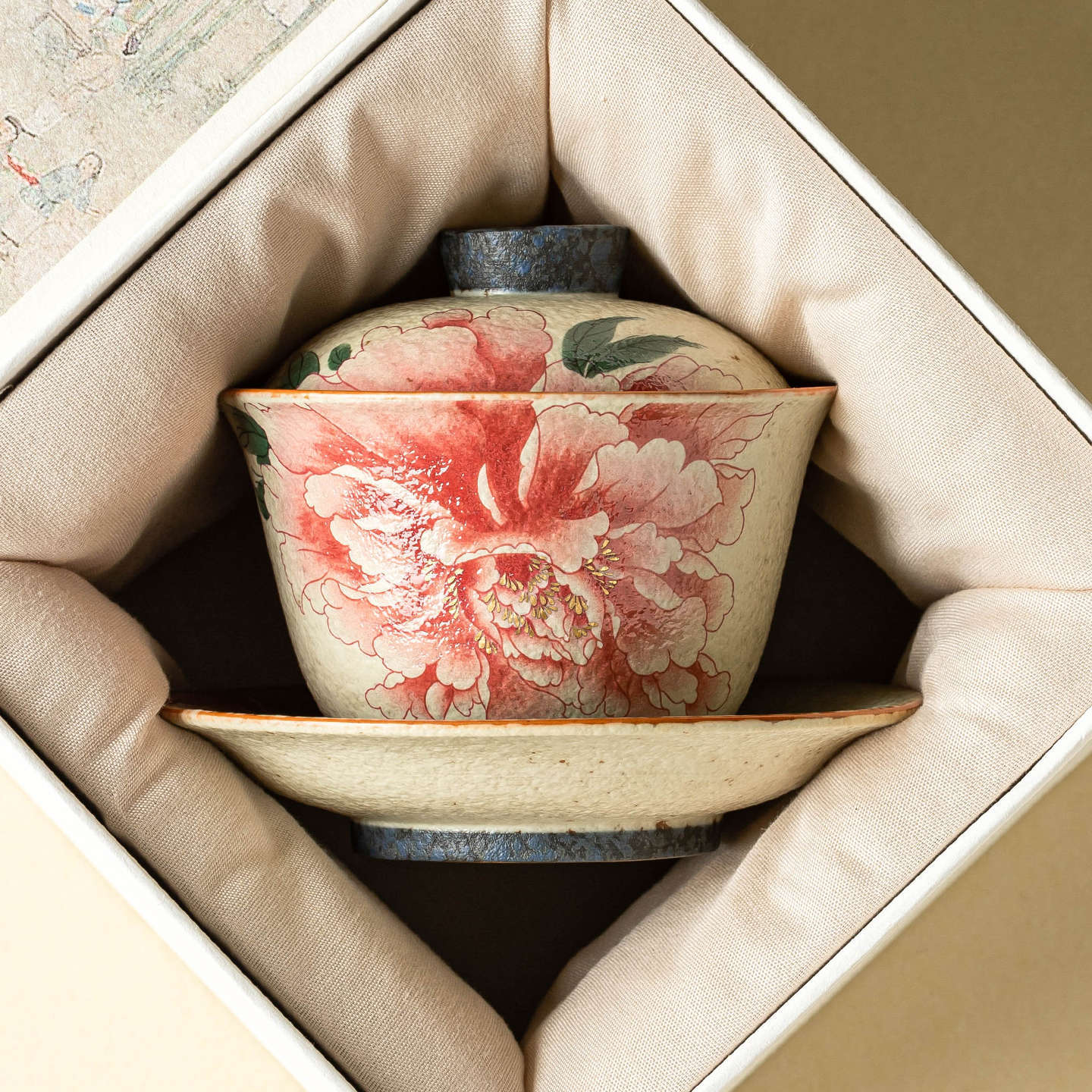 Bát có nắp ba tay màu đỏ đá lửa trắng xanh, bộ trà quốc triều, bát pha trà Kung Fu gia dụng gốm sứ cao cấp đơn