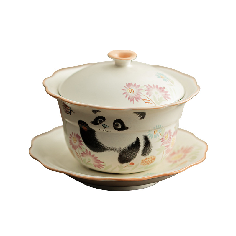 Panda chơi bướm miệng hoa bầu nắp bát màu be gốm sứ Dingyao bát trà ba tài dụng cụ trà cốc trà lớn chống bỏng