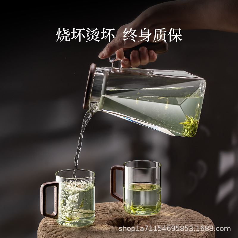 Bộ ấm chén thủy tinh cao cấp dùng trong gia đình, thích hợp tiếp khách, chịu nhiệt cao, tay cầm bằng gỗ óc chó, ly nước thẩm mỹ.