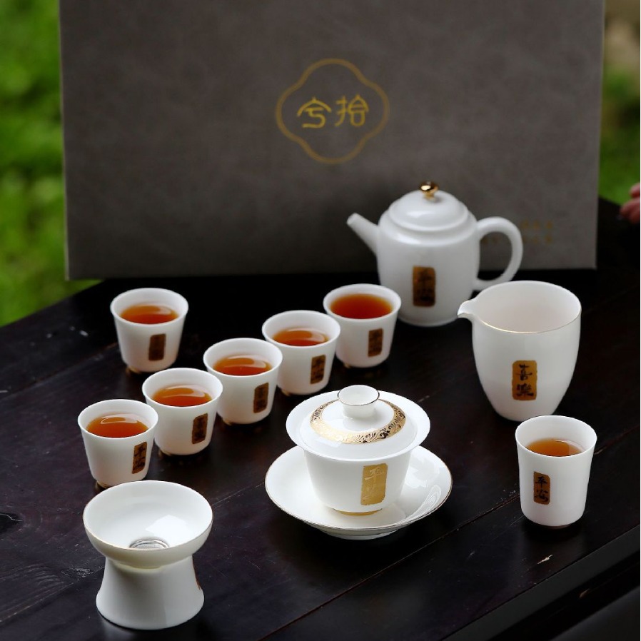 Bộ ấm trà Kung Fu bằng sứ trắng ngọc bích Đức Hoa Hộp Quà Tặng bát có nắp cao cấp cho phòng khách bình an và niềm vui sang trọng gia dụng