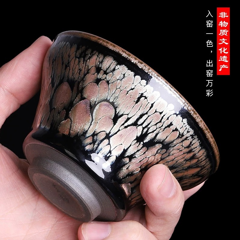 Chính hãng Zhijingjianzhan Golden Rose Yao Thay đổi giọt dầu Bộ trà quà tặng cao cấp làm bằng tay Chủ sở hữu cốc củi