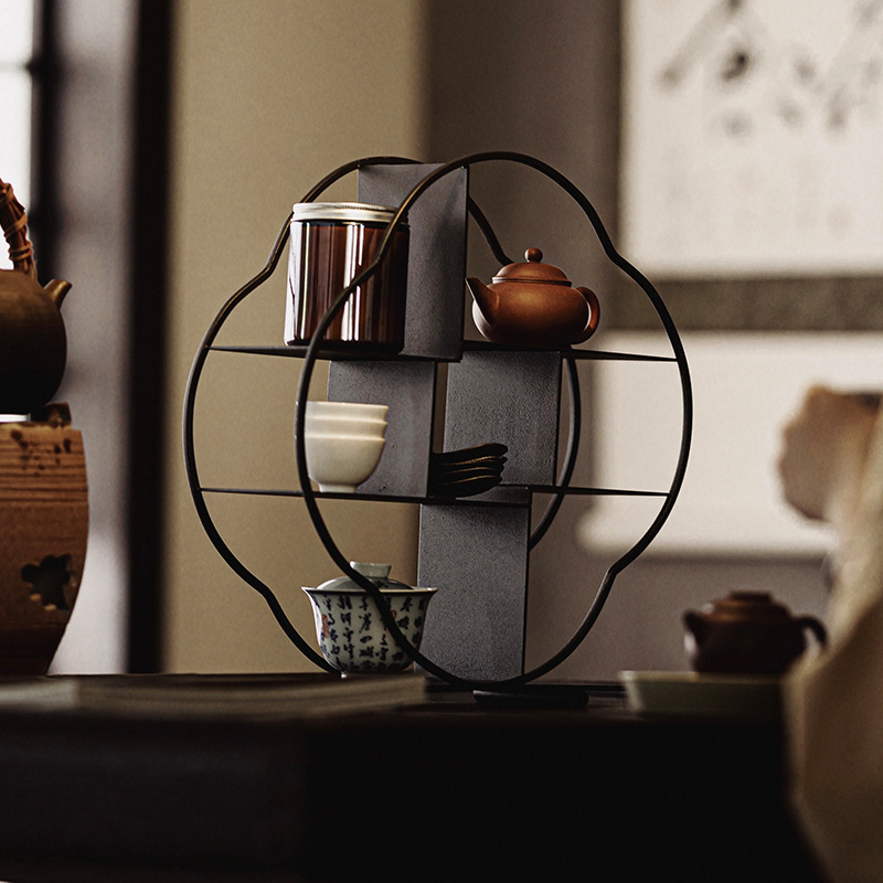 Hộp đựng trà sắt mỹ thuật, Bộ trà ấm trà, Giá đựng cốc trà, đồ trang trí nhà kiểu Trung Quốc mới, nhà mẫu, kệ Bogu trưng bày, trang trí mềm