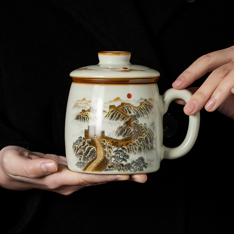 Cốc có nắp đậy bằng gốm sứ Ruyao cốc nước tách trà cá nhân cốc nước văn phòng cốc pha trà