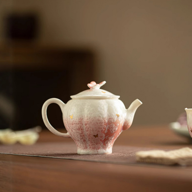 Bộ ấm chén trà gốm sứ cao chân hoa văn hoa băng men pha lê vàng cao cấp, bộ dụng cụ pha trà Kung Fu gia dụng