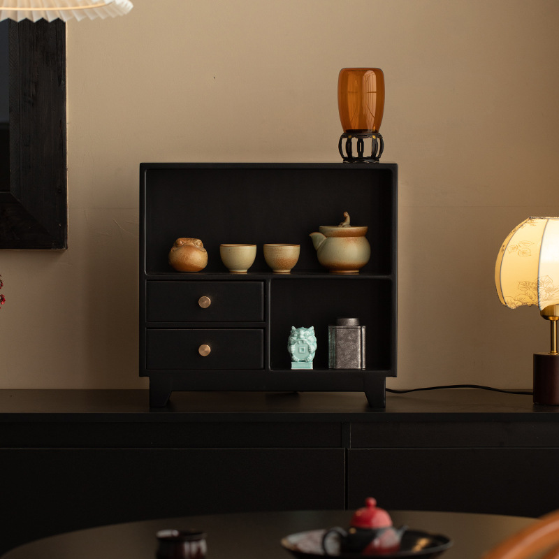 Máy tính để bàn bằng gỗ nguyên khối kiểu Trung Quốc, hộp đựng đồ đựng cốc trà, giá đựng trà Bogu, tủ trưng bày gỗ óc chó đen treo tường