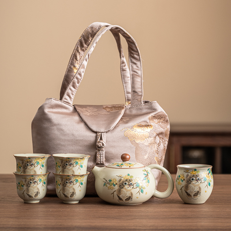 Ru Kiln Yellow Flower Mengmao Xi Shi Ấm trà gia dụng Bộ trà Kung Fu gốm sứ có thể mở một bộ hai cốc