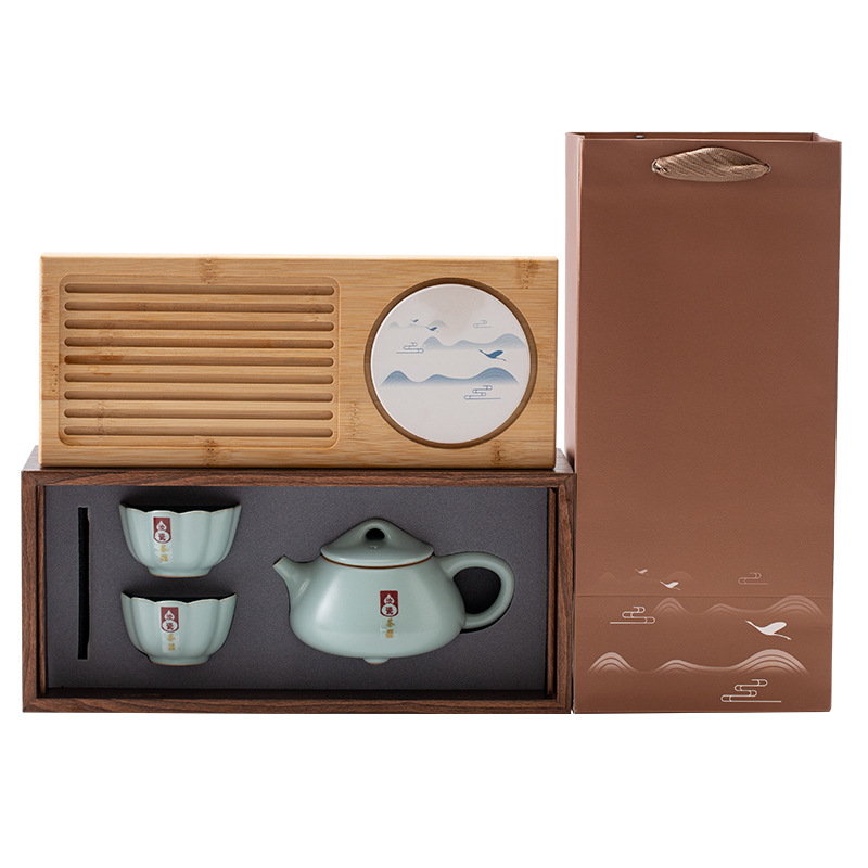 Bộ ấm trà Ru Kiln cao cấp sang trọng nhẹ, Khay trà đơn giản một ấm hai cốc, quà tặng