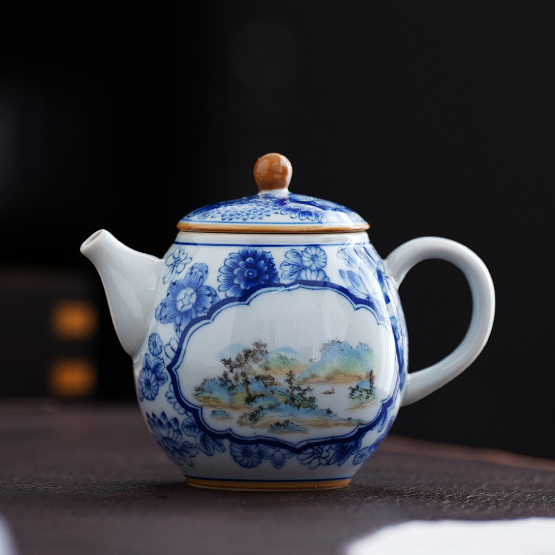 Ấm trà phong cảnh cửa sổ mở màu xanh và trắng ấm trà bộ ấm trà kung fu đơn ấm trà đơn gốm sứ nhỏ có tay cầm bên lọc ấm đun nước