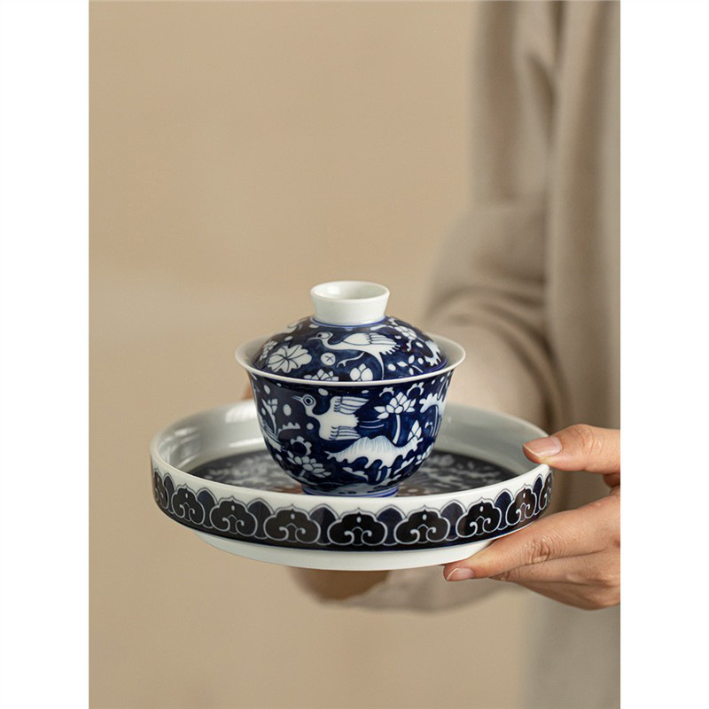 Bộ bát có nắp màu xanh và trắng làm thủ công Jingdezhen Bộ đồ trà gốm sứ dụng cụ pha trà cốc gia dụng cốc chủ nhân