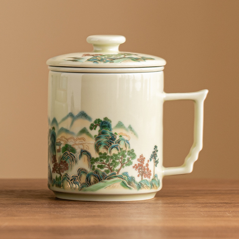 Cốc pha trà phong cảnh tráng men màu vàng bí mật cốc chuyên dụng cá nhân cốc tách nước trà có nắp cốc văn phòng gốm sứ Trung Quốc