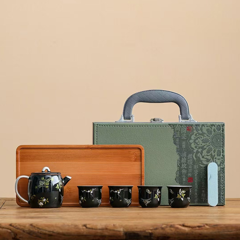 Khay trà bốn tách tráng men đen, bộ trà du lịch, cốc trà có nắp, dụng cụ pha trà Kung Fu, quà tặng ngày lễ