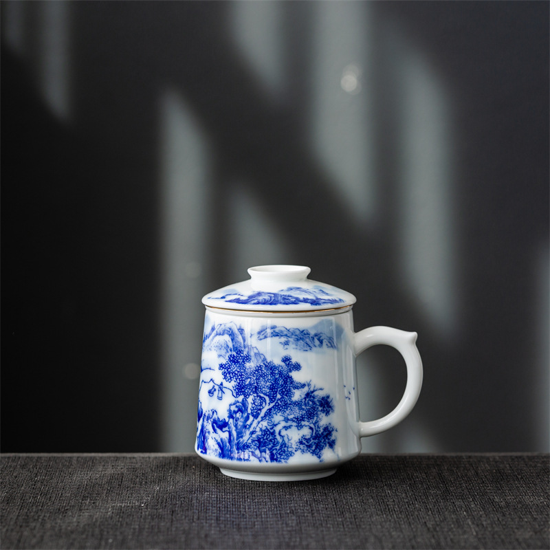 Cốc nước sứ trắng xanh, trà văn phòng, cốc gốm sứ màu Jingdezhen, quà tặng cổ, cốc tách tay, bán buôn