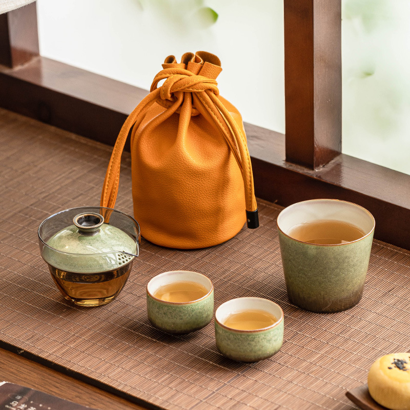 Bộ ấm trà du lịch biến đổi lò nung bầu trời đầy sao xanh ngọc thổ cẩm nhanh cốc khách gốm sứ cắm trại ngoài trời di động một bình ba cốc