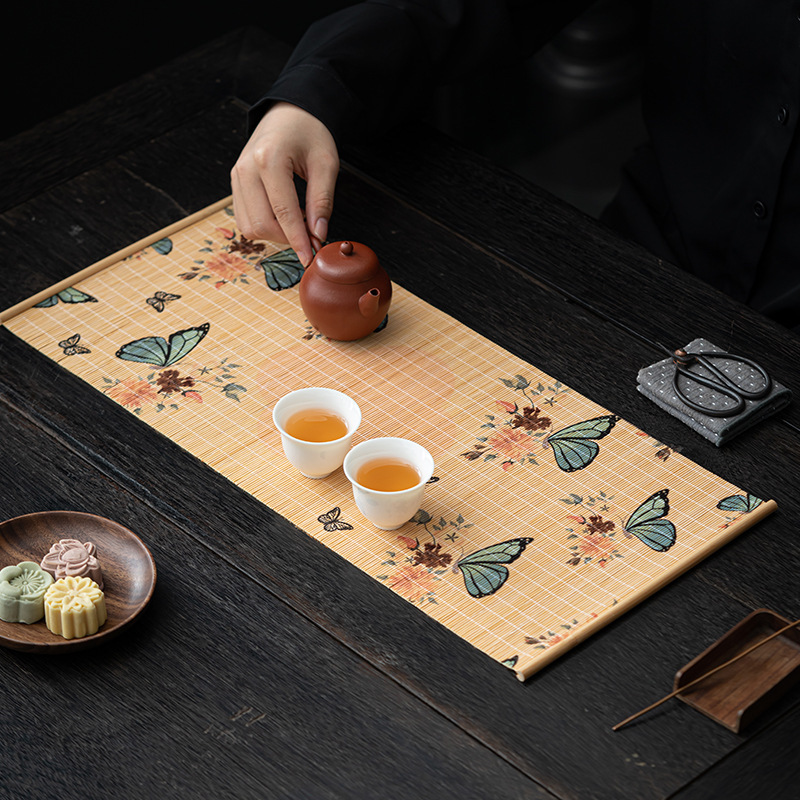 Bàn trà bàn trà thiền lụa tre thủ công lót ly bàn trà tấm cách nhiệt trải trà tấm trải bàn không thấm nước khăn trải bàn trà bán buôn rèm trà