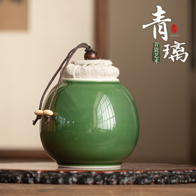 Hộp đựng trà tròn nhỏ tráng men men xanh kiểu Nhật Bộ trà Kung Fu nhỏ bằng men ngọc