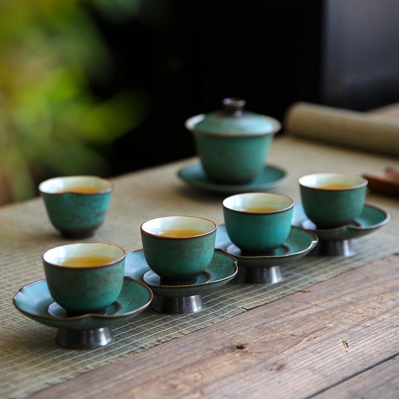 Bộ ấm trà gốm sứ Kung Fu cốc trà gia dụng biến đổi cổ điển cốc hương thơm cốc chủ nhân màu xanh ngọc lam cốc đơn nhỏ
