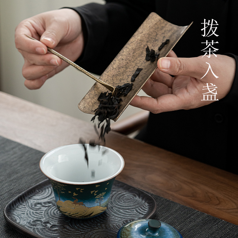 Trà cổ bằng đồng vân búa thủ công, thìa trà sen cổ điển, thìa trà kim, thìa trà, thìa trà, bộ ba miếng bán buôn