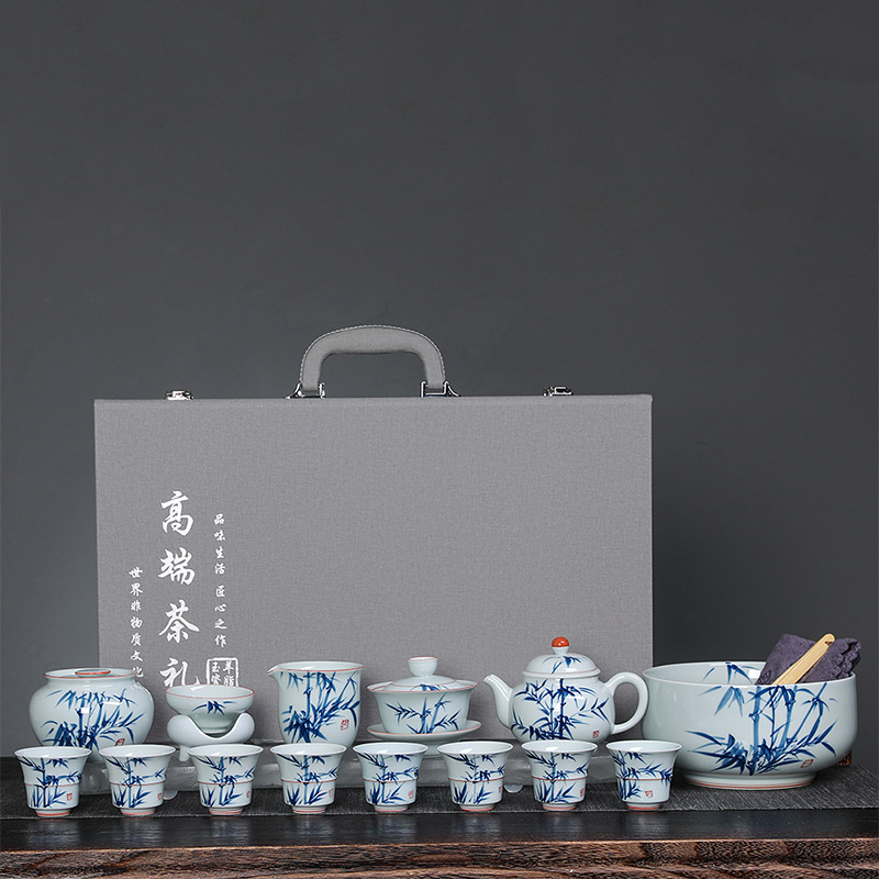 Bộ trà Kung Fu vẽ tay nguyên chất bằng tre men ngọc cổ