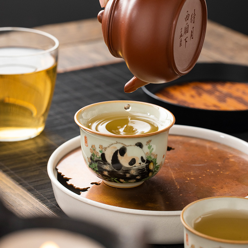Cốc gốm sứ Ru Kiln Panda Round Ding Cốc gia dụng Cốc chủ nhân Cốc trà cao cấp tinh tế Bộ trà Kung Fu