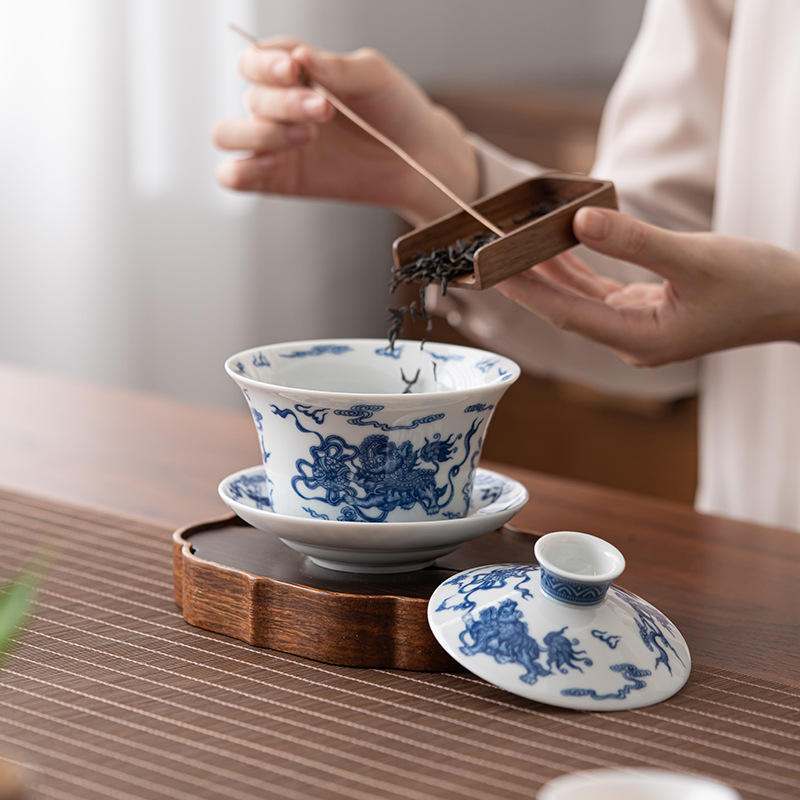 Bát có nắp tam tài màu xanh trắng cổ kiểu Trung Quốc Bát pha trà gốm sứ đơn giản dụng cụ pha trà Kung Fu sứ trắng dùng trong gia đình bát thờ trà