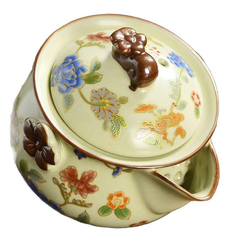 Ấm pha trà, ấm công, ấm cầm tay lò Ru, chén trà nắp bát, bộ trà kungfu du lịch gia dụng cao cấp chống bỏng, gốm sứ