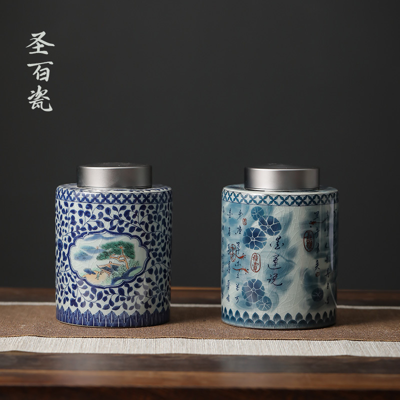 Hộp đựng trà gốm sứ lớn cổ điển màu xanh trắng, hộp đựng trà gia dụng, hộp đựng trà Pu'er, bao bì trà, bìa vải kín khí