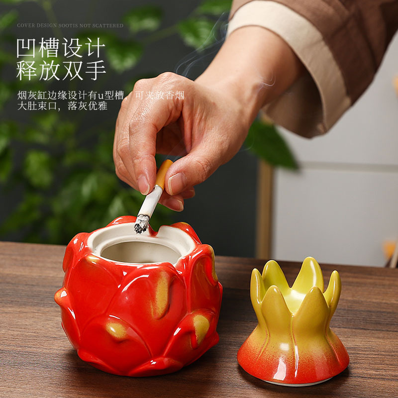 Gạt tàn gốm hình quả rồng có nắp, chống tro bay, trái cây gia dụng sáng tạo mô phỏng thời trang để bàn trang trí lọ đựng