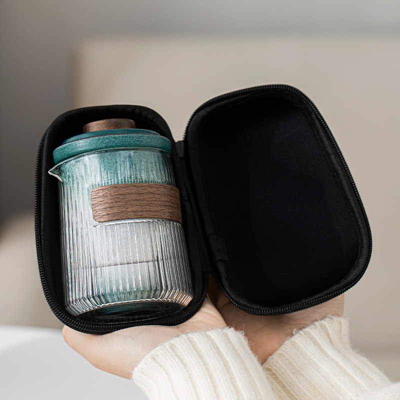 Bộ trà du lịch lưu trữ di động tráng men đá xanh Bộ đồ nhỏ Cốc pha trà thủy tinh dễ mang theo ngoài trời