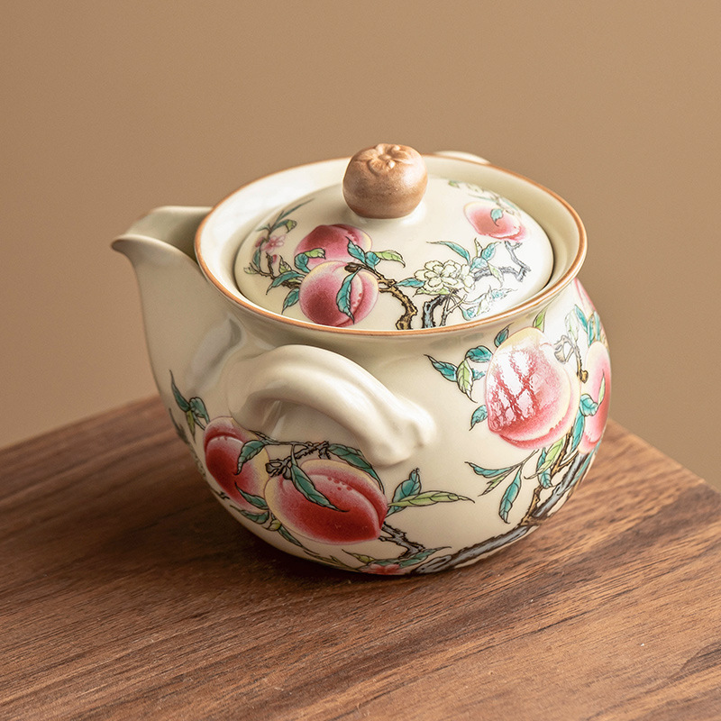 Ấm cầm tay Ruyao Pastel Nine Peach Ruyi Ấm trà bộ trà Kung Fu gốm sứ Ấm trà gia dụng không nóng lọc tay