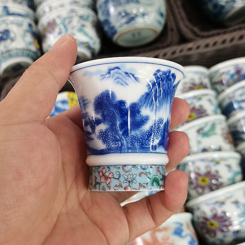 Gốm sứ Jingdezhen cao cấp màu xanh và trắng phong cảnh cốc chủ sở hữu cốc đơn bộ trà Kung Fu cốc trà cốc hương thơm cốc trà