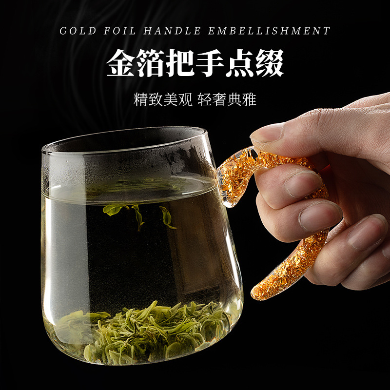 Bán buôn phân phối vàng lá có tay cầm cốc nước gia dụng nhẹ nhàng sang trọng cao cấp phòng khách cốc nước chịu nhiệt bộ cốc