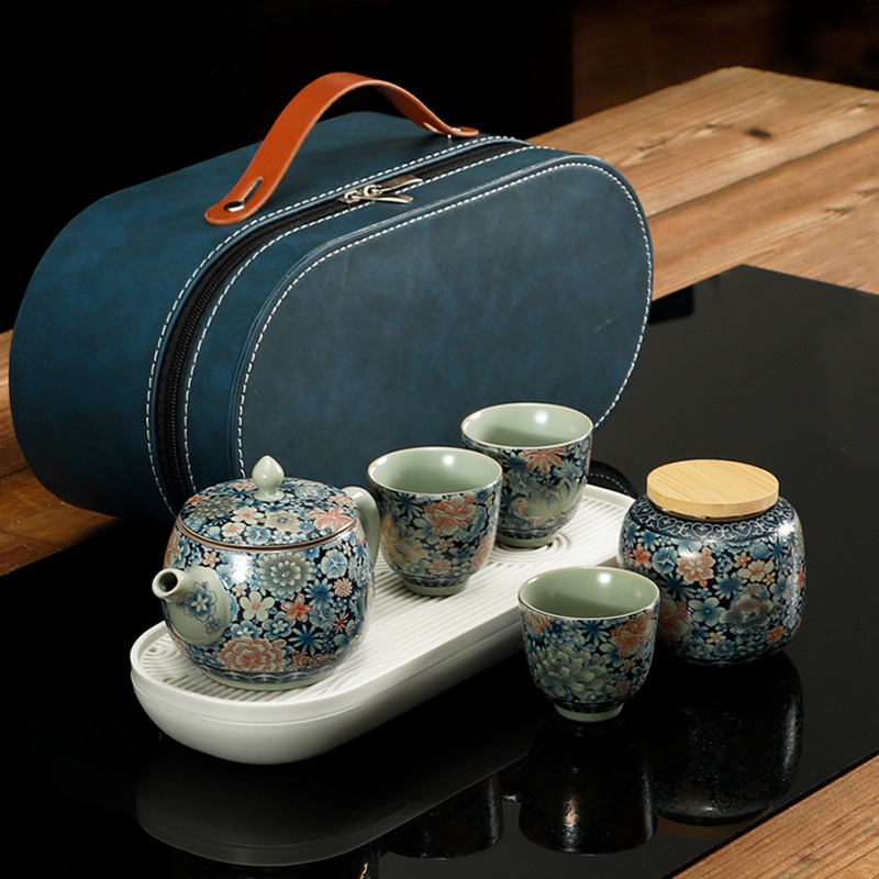 Bộ ấm trà du lịch lưu trữ di động một ấm ba cốc ấm trà gốm sứ lò Ru ngoài trời văn phòng bộ ấm trà