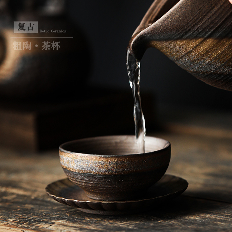 Cốc trà gốm thô, cốc trà gốm sứ, bộ trà kung fu gia dụng cổ điển, cốc đơn, bát trà nhỏ, cốc chủ nhân, bán buôn mạ vàng