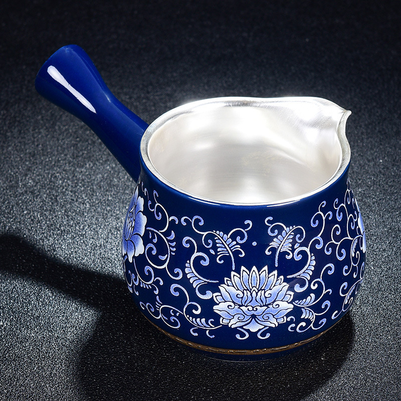 Cốc công bằng mạ bạc màu xanh và trắng 999 cốc công bằng tay cầm bên cốc chia bộ đồ trà bộ trà gốm sứ chịu nhiệt độ cao